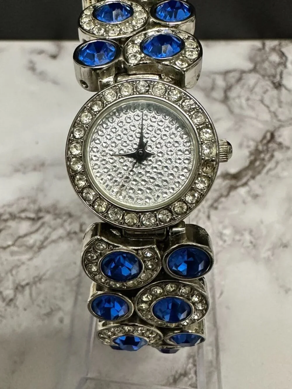 Suzanne Somers Watch Women Silver Tone Blue Rhinestone Bling Band New Battery